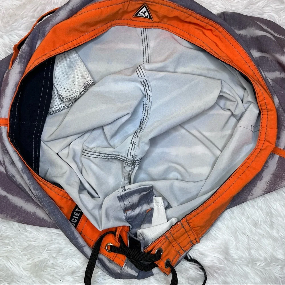 SOCIETY Of The Sun Men’s Orange Gray Striped Swim Board Shorts 36